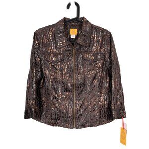 Faux Croc Embossed Moto Jacket 16P Brown Metallic Zip Front Pockets Ruby Rd